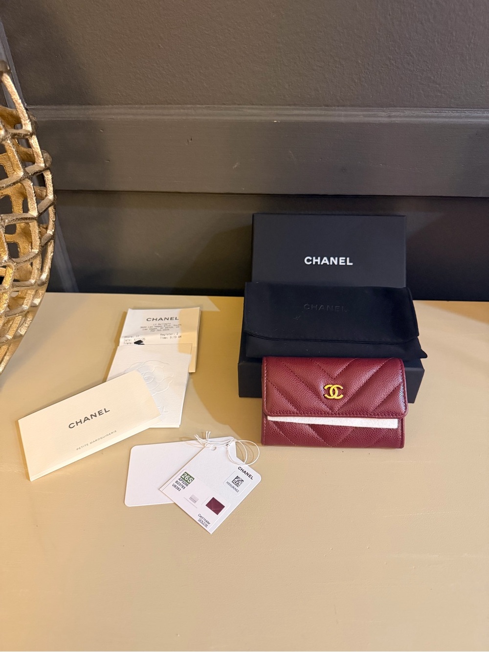 CHANEL 26S Chevron Caviar Compact Wallet Burgundy | Full Set NIB